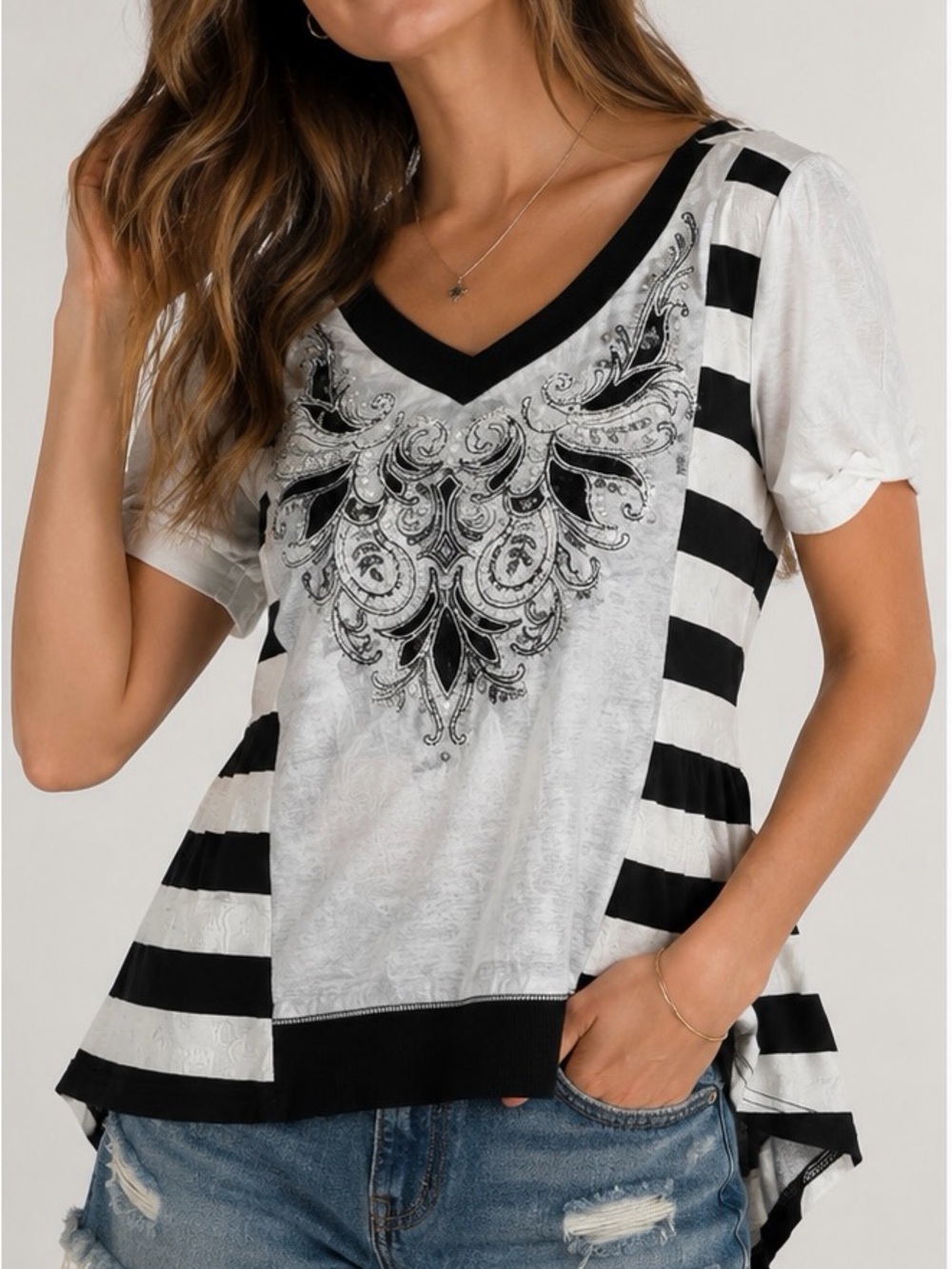 Miss Me Embellished Striped Tunic Top Small